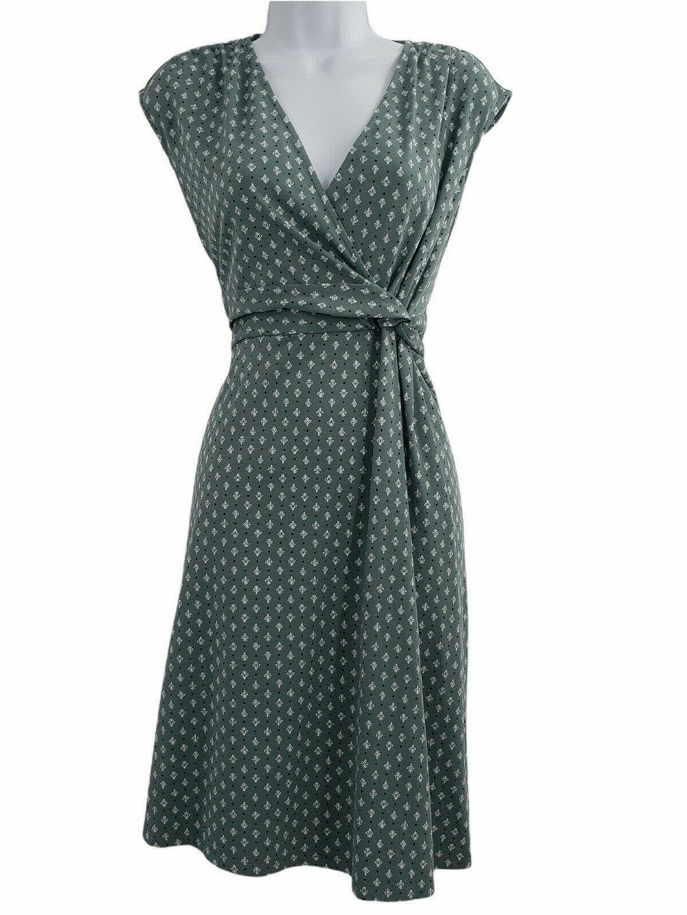 Lands' End Wrap Midi Dress in Sage with White Print